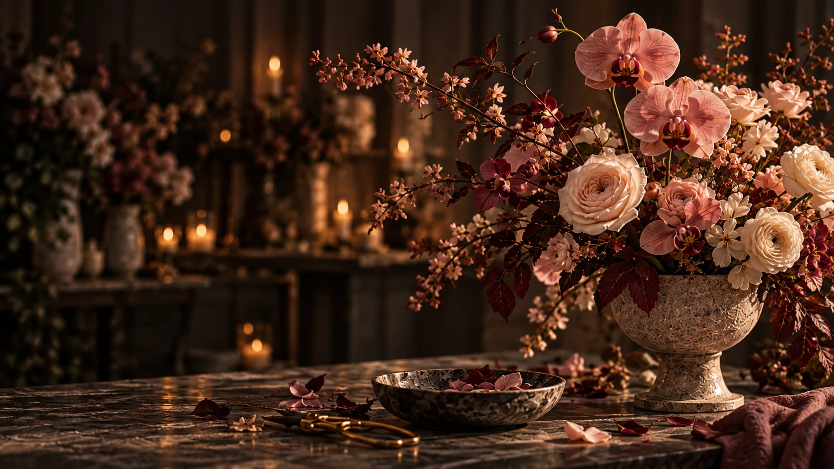Candlelit Tempo Lazer studio table with a pedestal arrangement of garden roses, orchids, and burgundy foliage