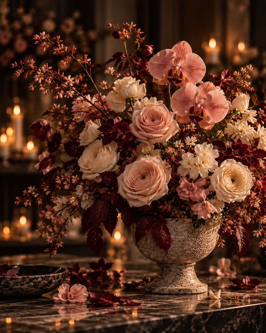 Candlelit pedestal arrangement of blush garden roses, orchids, and burgundy foliage in the Tempo Lazer studio